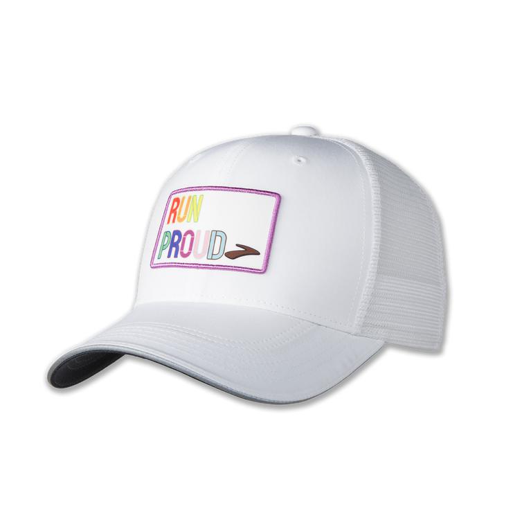 Brooks Men's DISCOVERY TRUCKER Running Hat - White/Run Proud - Canada (RFINL-3720)